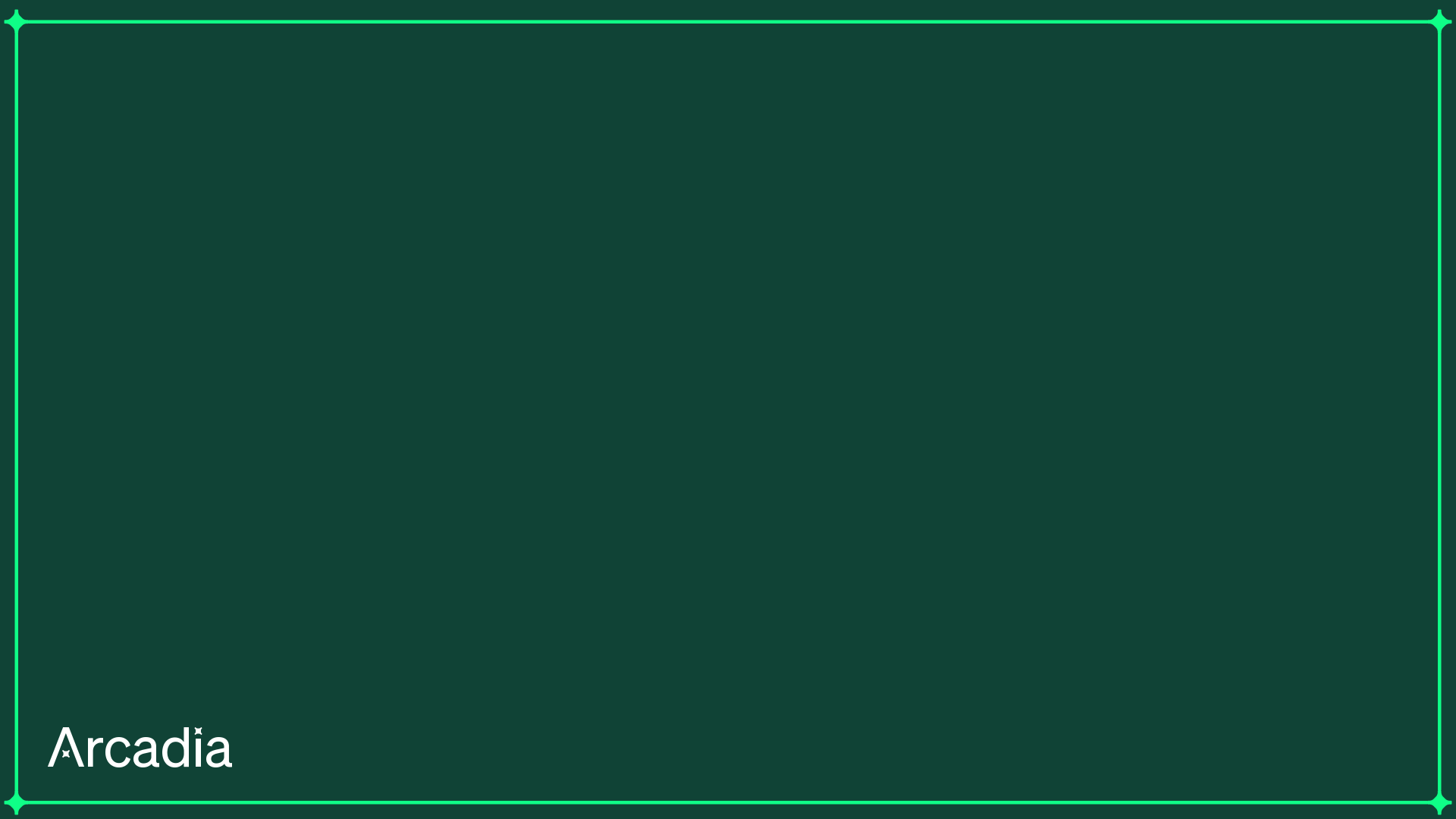 Dark green background with minimal teal border frame and Arcadia logo