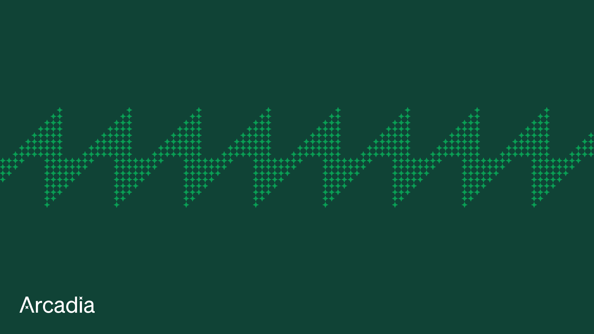 Dark green background with geometric wave pattern in teal and Arcadia logo