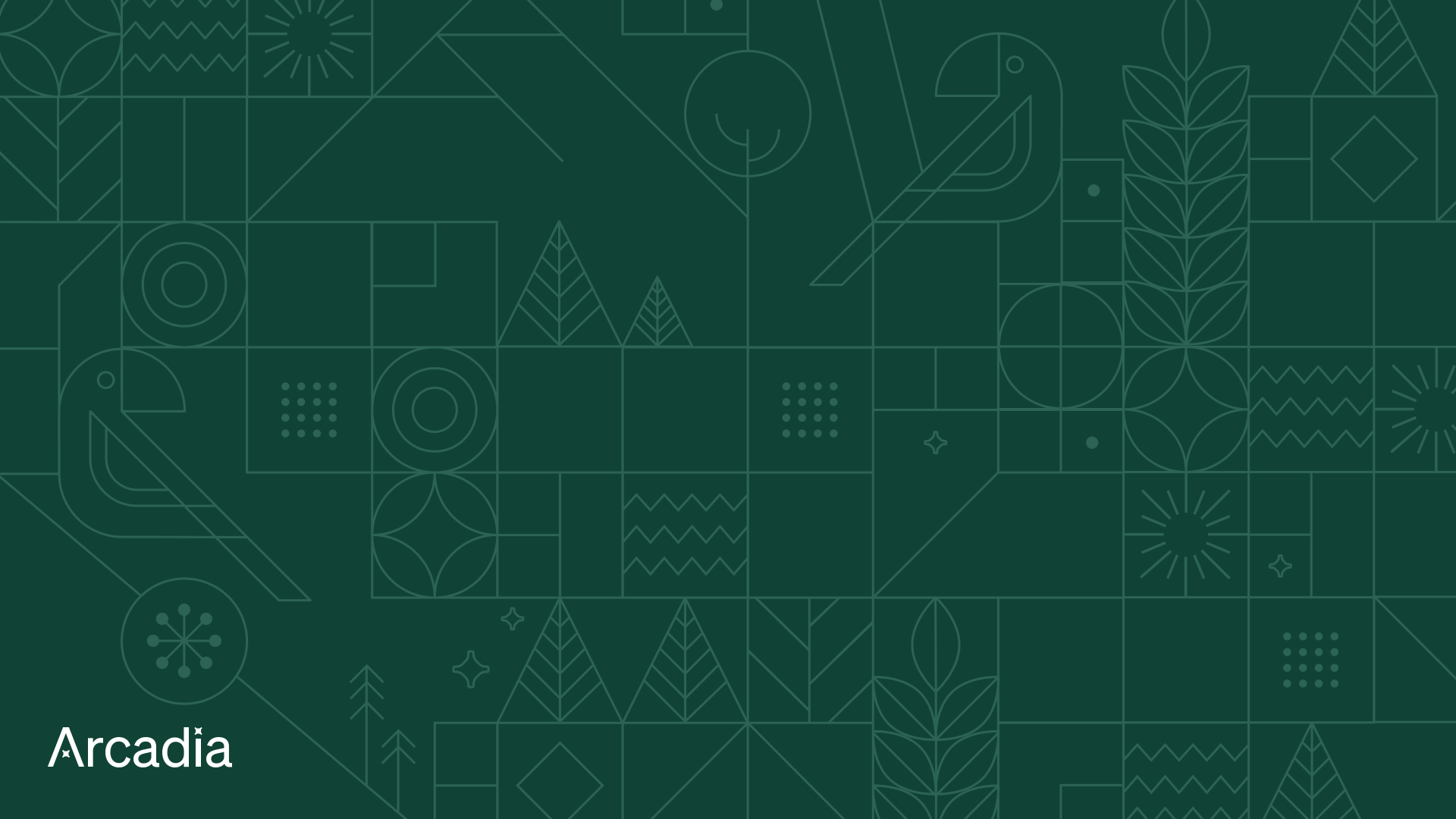 Dark green background with line art nature illustrations and Arcadia logo
