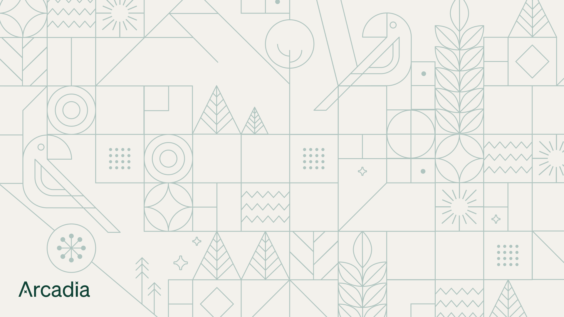 Light cream background with sage green line art nature illustrations and Arcadia logo