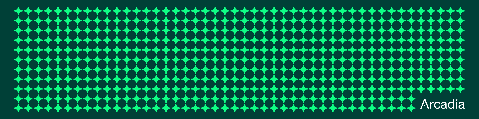 Dark green background with teal dot grid pattern and Arcadia logo