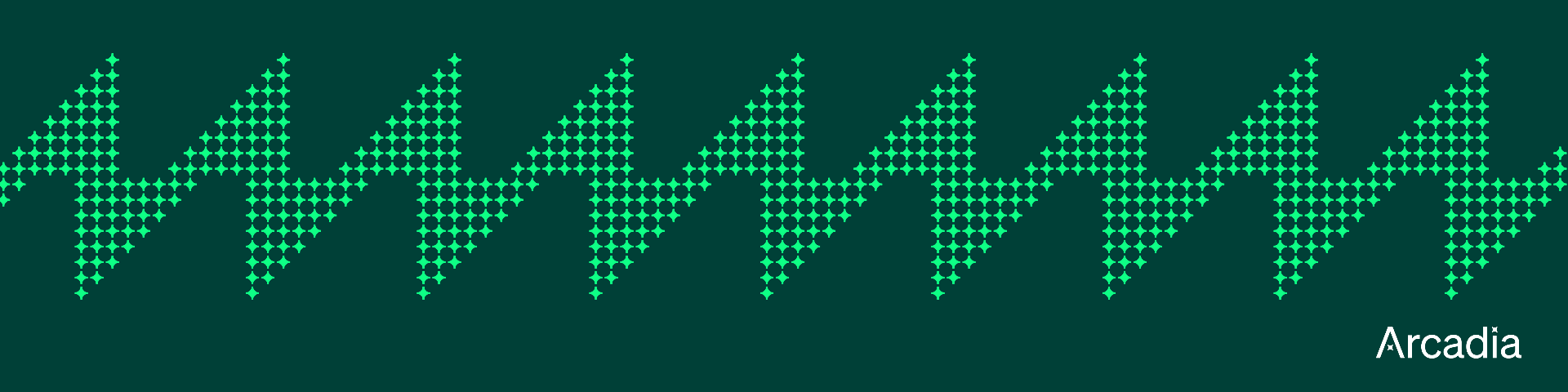 Dark green background with teal geometric wave pattern and Arcadia logo